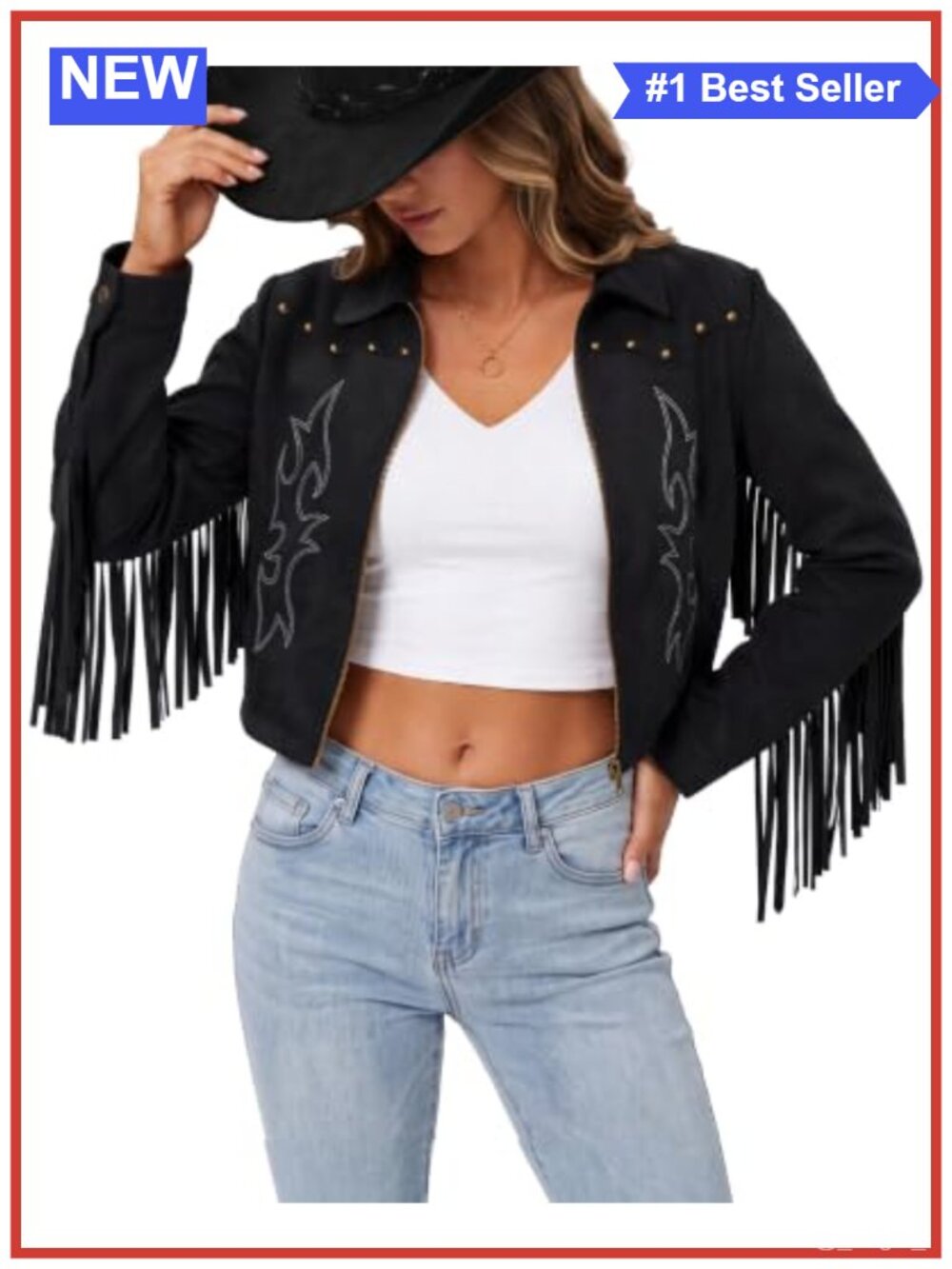 Faux Suede Fringe Jacket Embroidered Cropped Western Cowgirl Zip Up